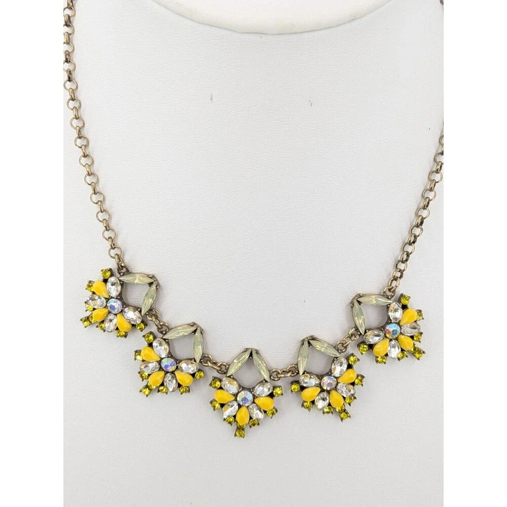 LOFT Statement Necklace Yellow Green Rhinestone Floral Gold Tone Resin 19 Inch